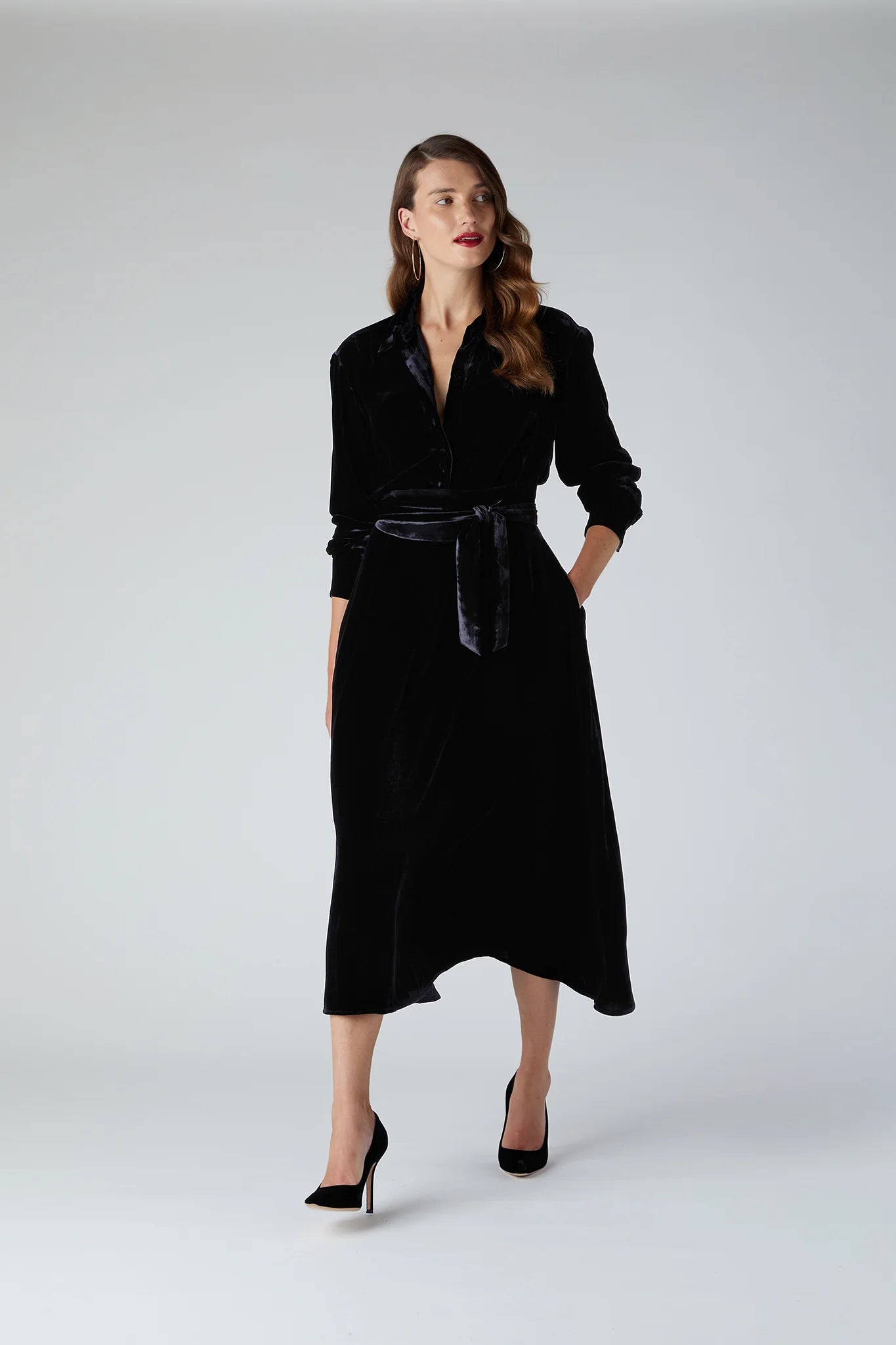 Jasper Conran "Eve" Velvet Full Skirt Shirt Dress in Black