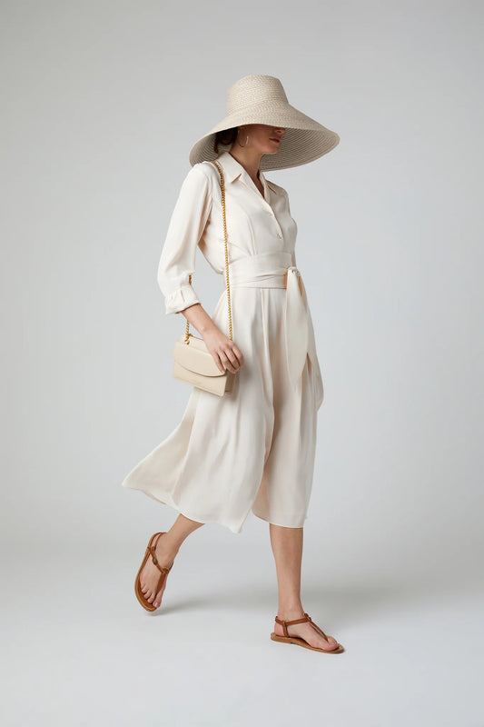 Jasper Conran "Filomena" Silk Full Skirt Shirt Dress in Cream