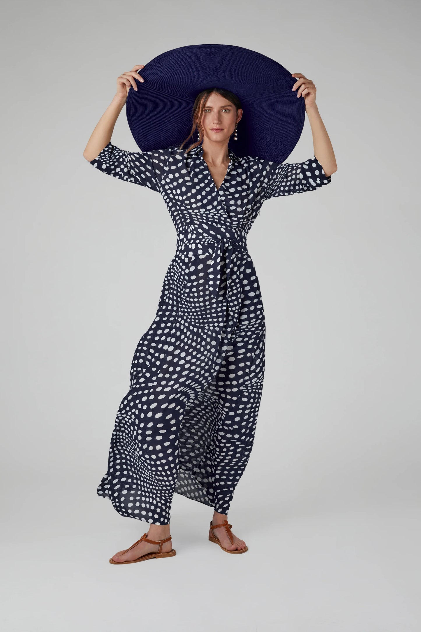 Jasper Conran "Hazel" Printed Georgette Maxi Wrap Dress in Navy
