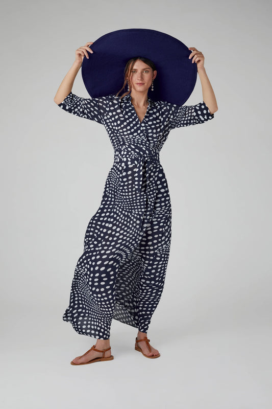 Jasper Conran "Hazel" Printed Georgette Maxi Wrap Dress in Navy