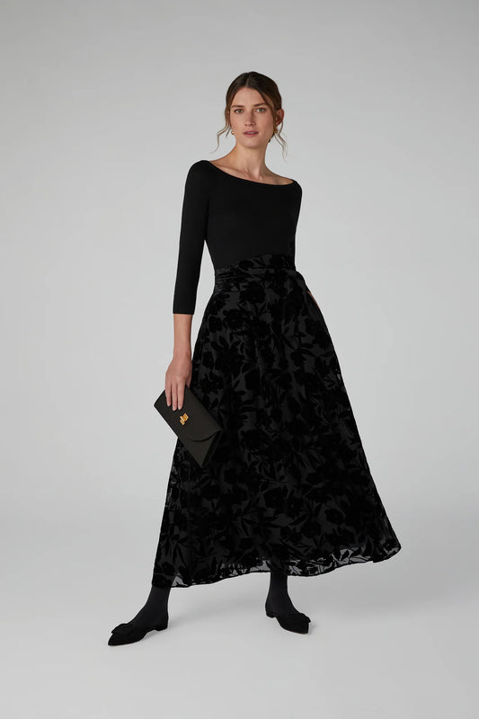 Jasper Conran "Idalia" Velvet Burn Out Skirt in Black Floral