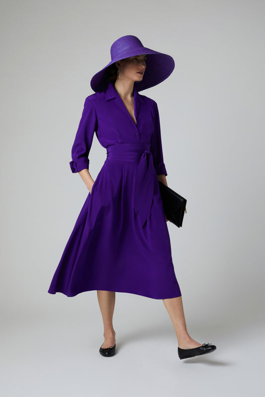 Jasper Conran "Fleur" Silk Full Skirt Shirt Dress in Purple
