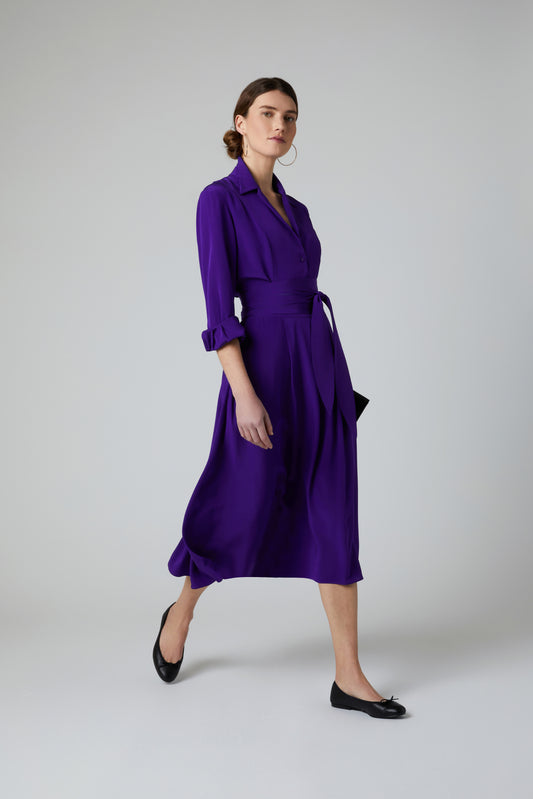 Jasper Conran "Fleur" Silk Full Skirt Shirt Dress in Purple