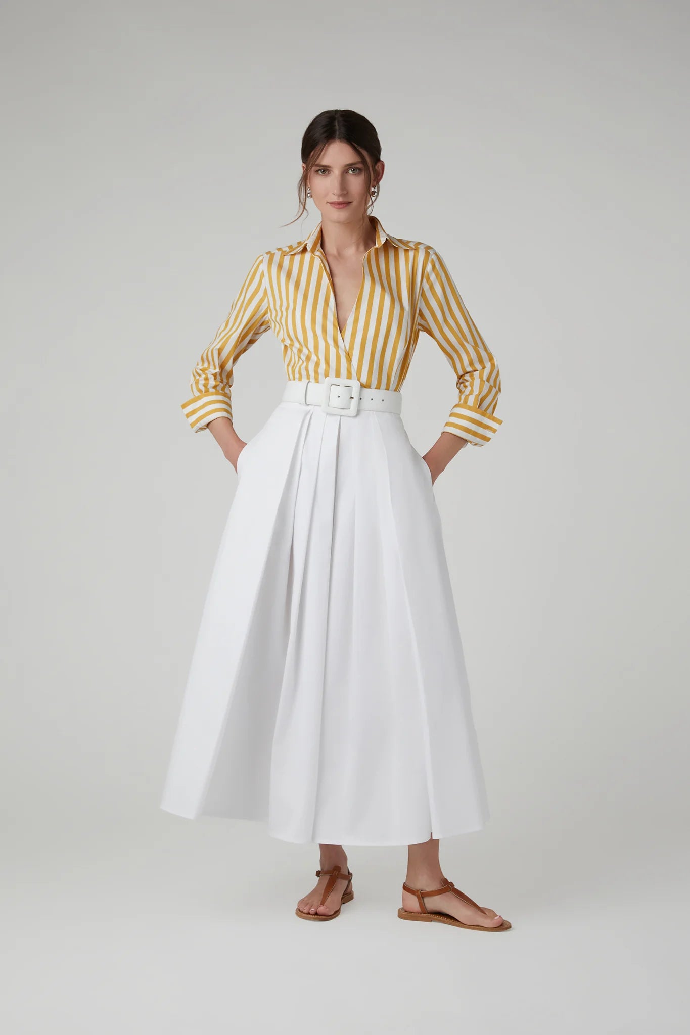 Jasper Conran "Holly" Stripe Wrap with Button Shirt in Gold