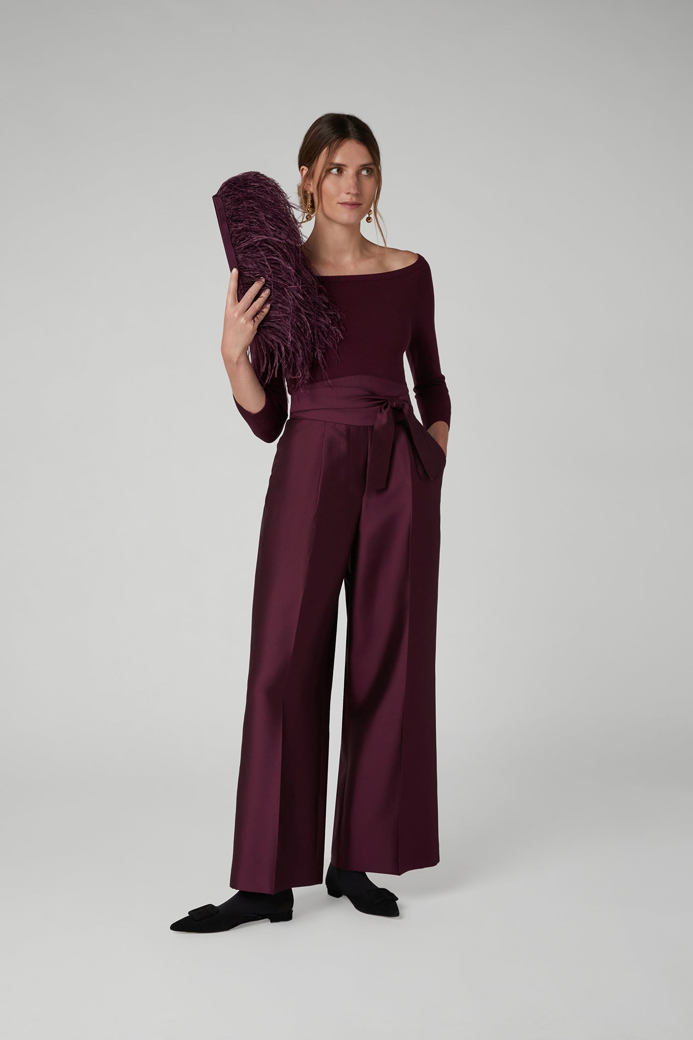 Jasper Conran "Imogen" Wool Silk Wide Leg Trousers in Berry