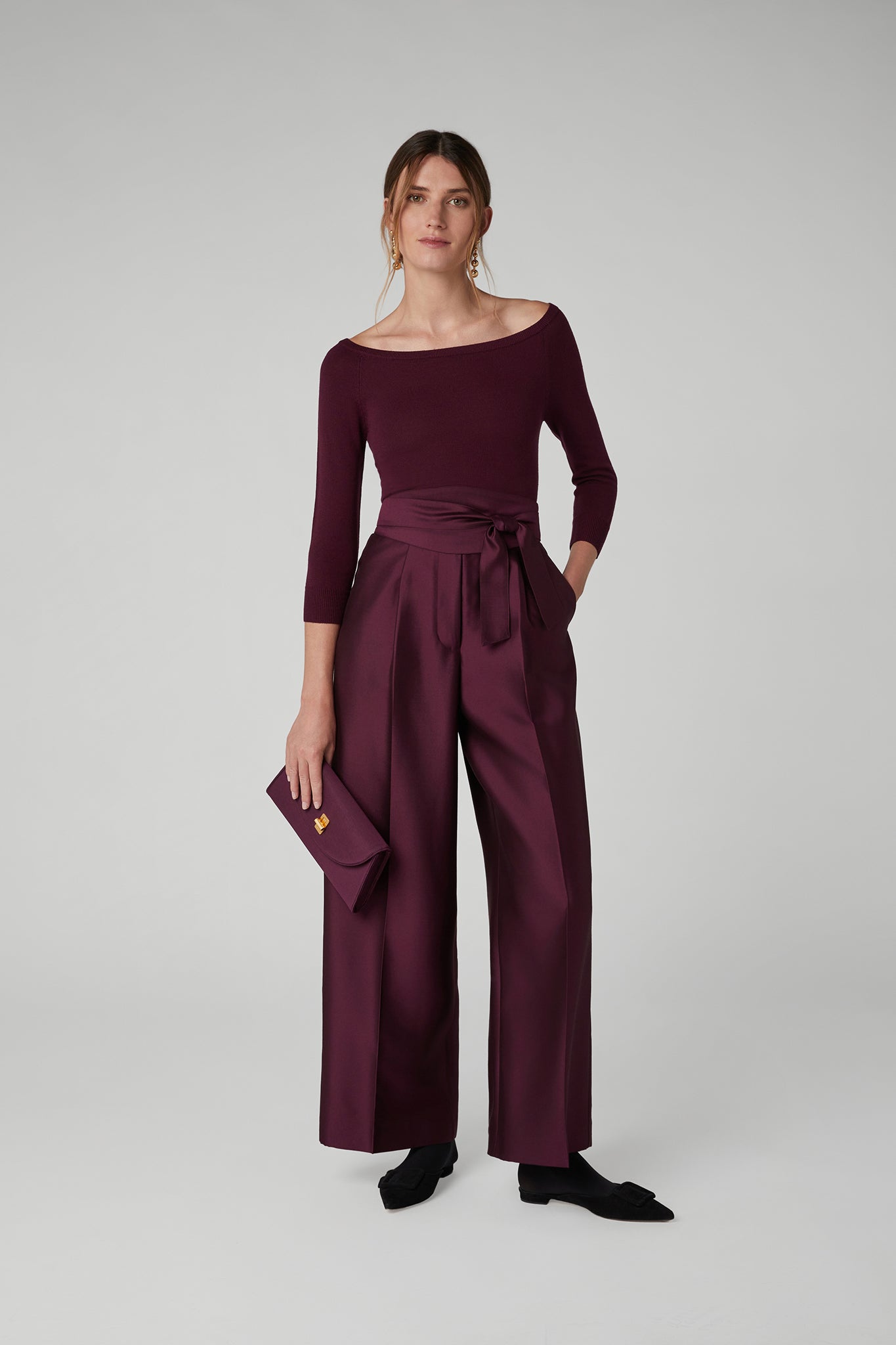 Jasper Conran "Imogen" Wool Silk Wide Leg Trousers in Berry
