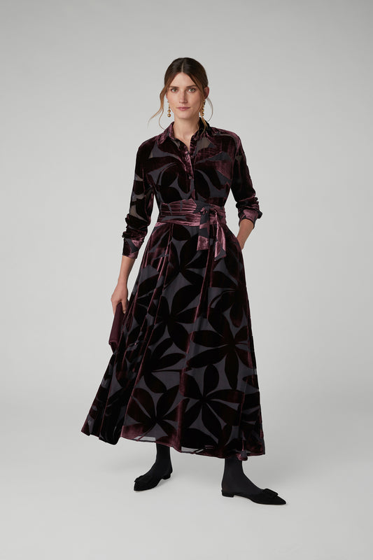 Jasper Conran "Idalia" Velvet Burn Out Shirt in Berry Floral