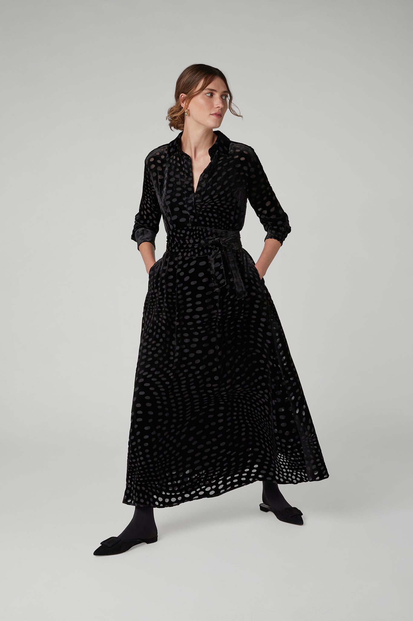 Isabel Velvet Devoré Shirt Dress in Black