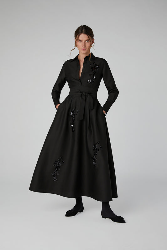 Jasper Conran "Imelda" Wool Silk Sequin Fitted Shirt in Black