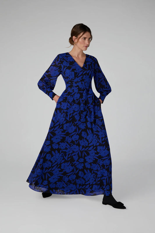 Jasper Conran "Ira" Printed Georgette Maxi V Neck Dress in Blue