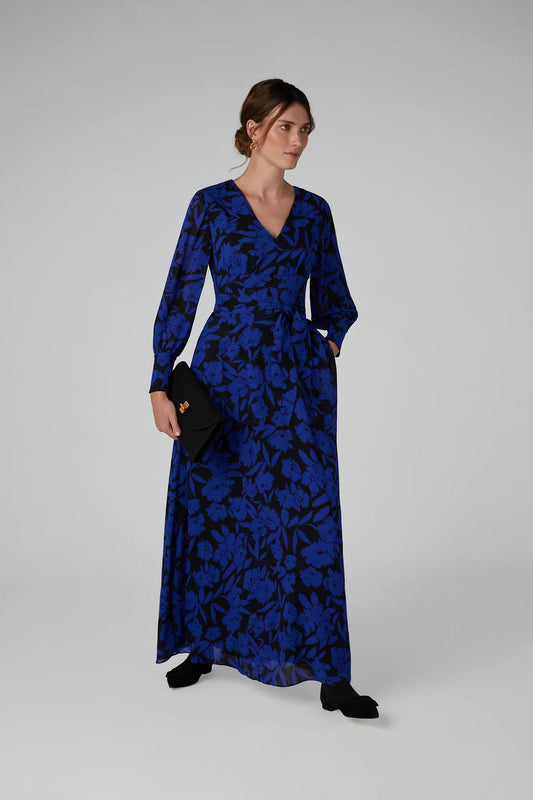Jasper Conran "Ira" Printed Georgette Maxi V Neck Dress in Blue