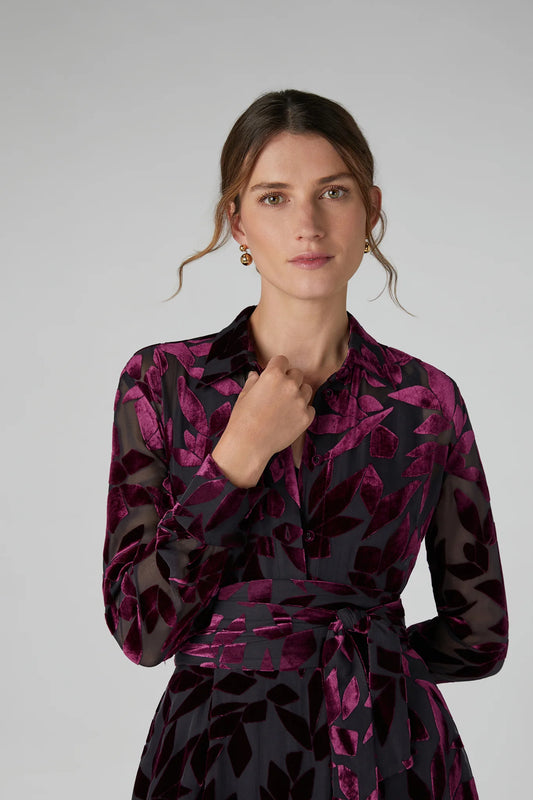 Jasper Conran "Idalia" Velvet Burn Out Shirt in Cerise Geo Pink