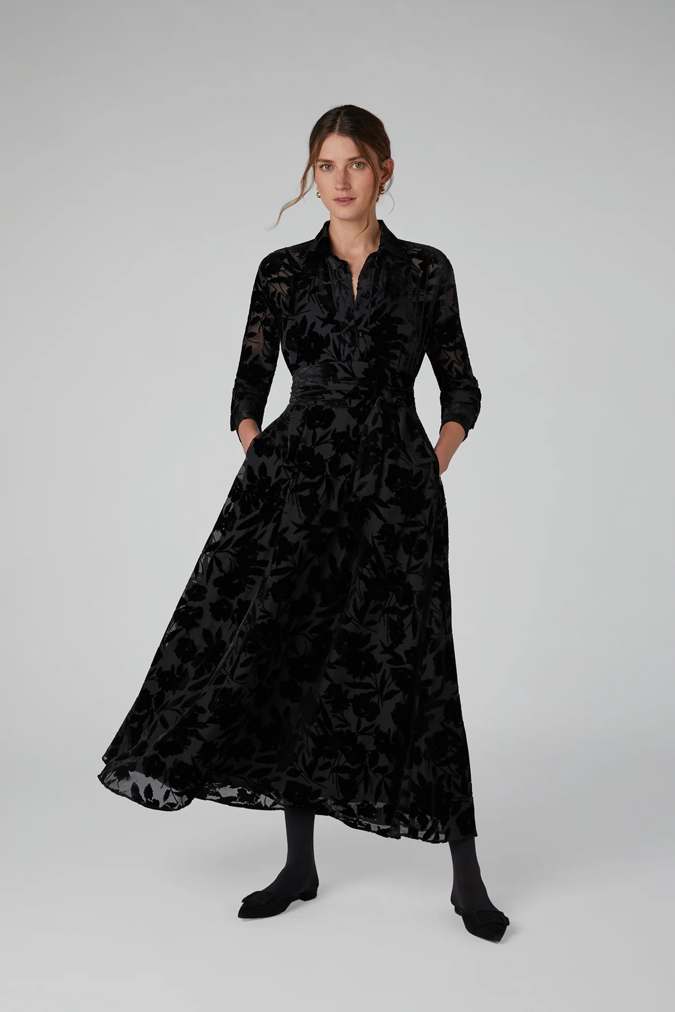 Jasper Conran "Idalia" Velvet Burn Out Shirt in Black Floral