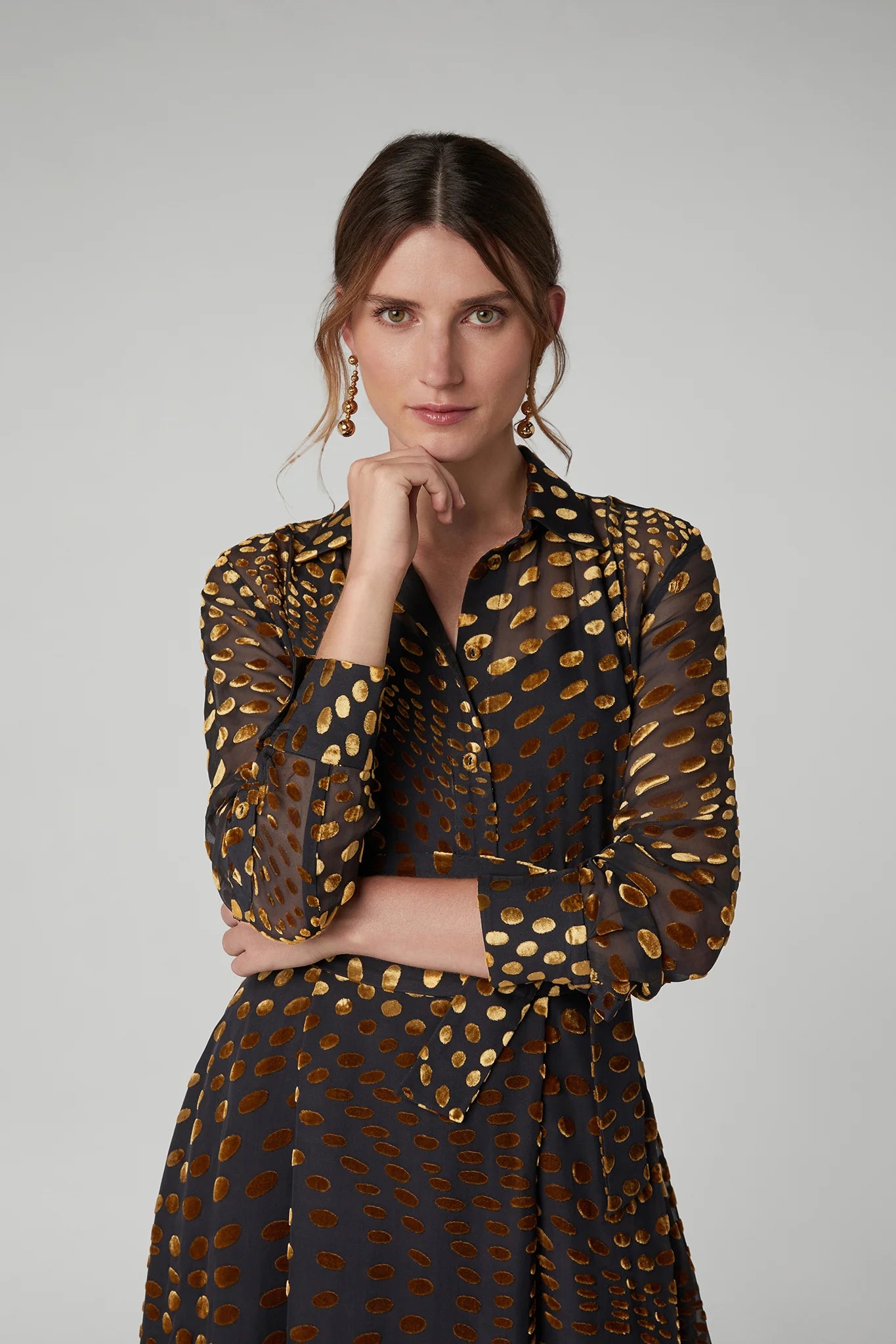 Jasper Conran "Idalia" Velvet Burn Out Shirt in Gold Spot