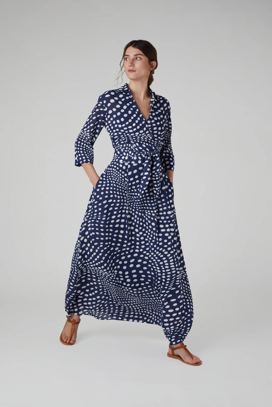 Jasper Conran "Hazel" Printed Georgette Maxi Wrap Dress in Navy