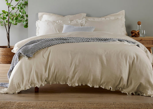 Christy Organic Cotton "Retreat Ruffle" Plain Dyed Duvet Covers in Oat (Beige)