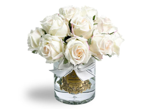 Linen Obsession "Grand Rose Buds Bouquet" in Glass Vase – 21 Artificial Silk Flowers