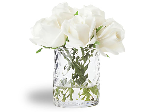 Linen Obsession "Rose Buds Herringbone Bouquet" in Glass Vase – Artificial Silk Flowers