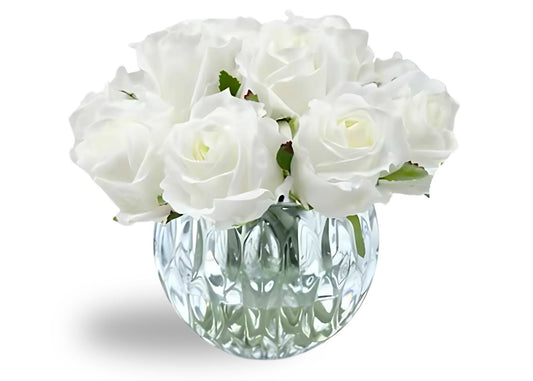 Linen Obsession "Rose Buds Bouquet" in Glass Vase – 13 Artificial Silk Flowers