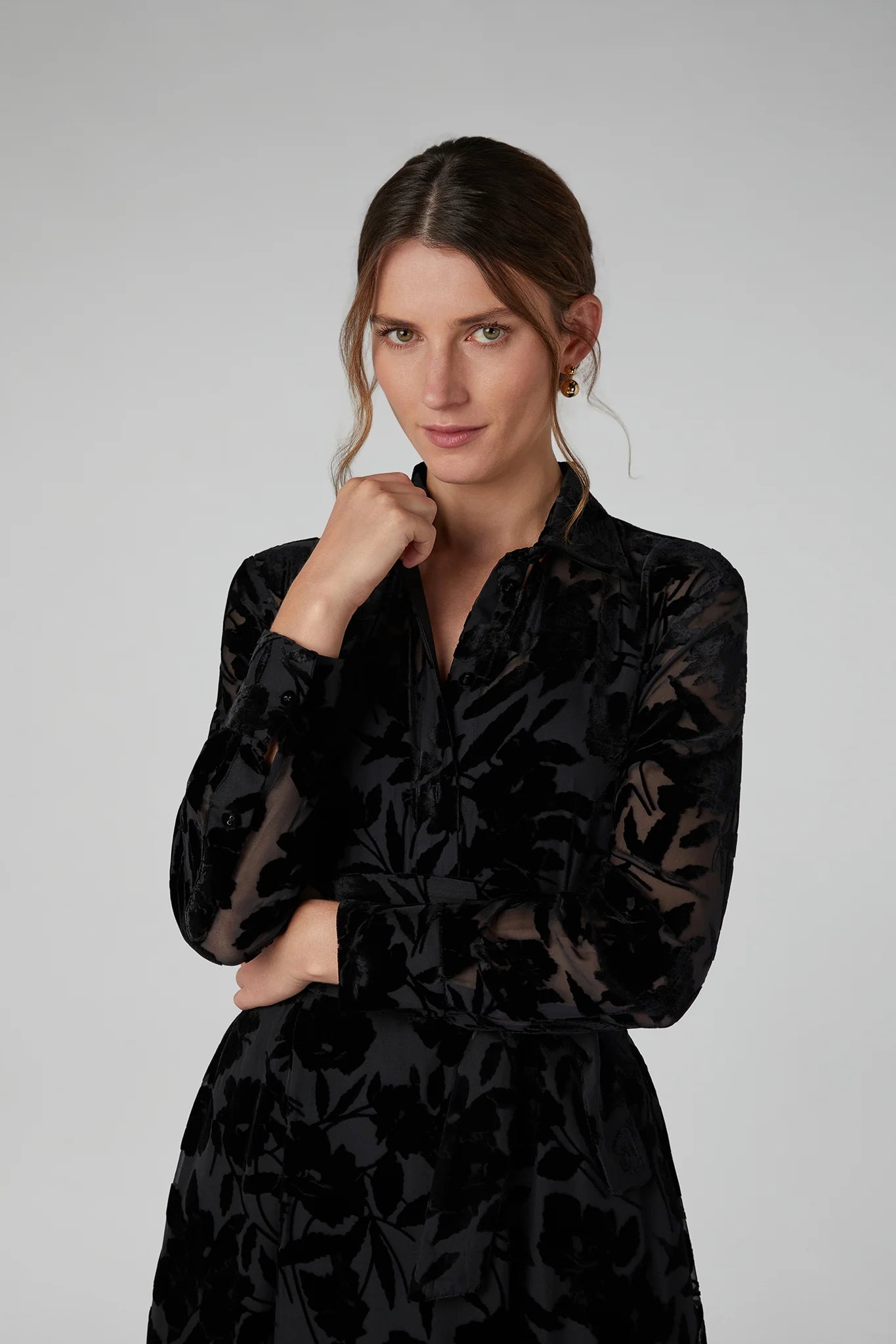 Jasper Conran "Idalia" Velvet Burn Out Shirt in Black Floral