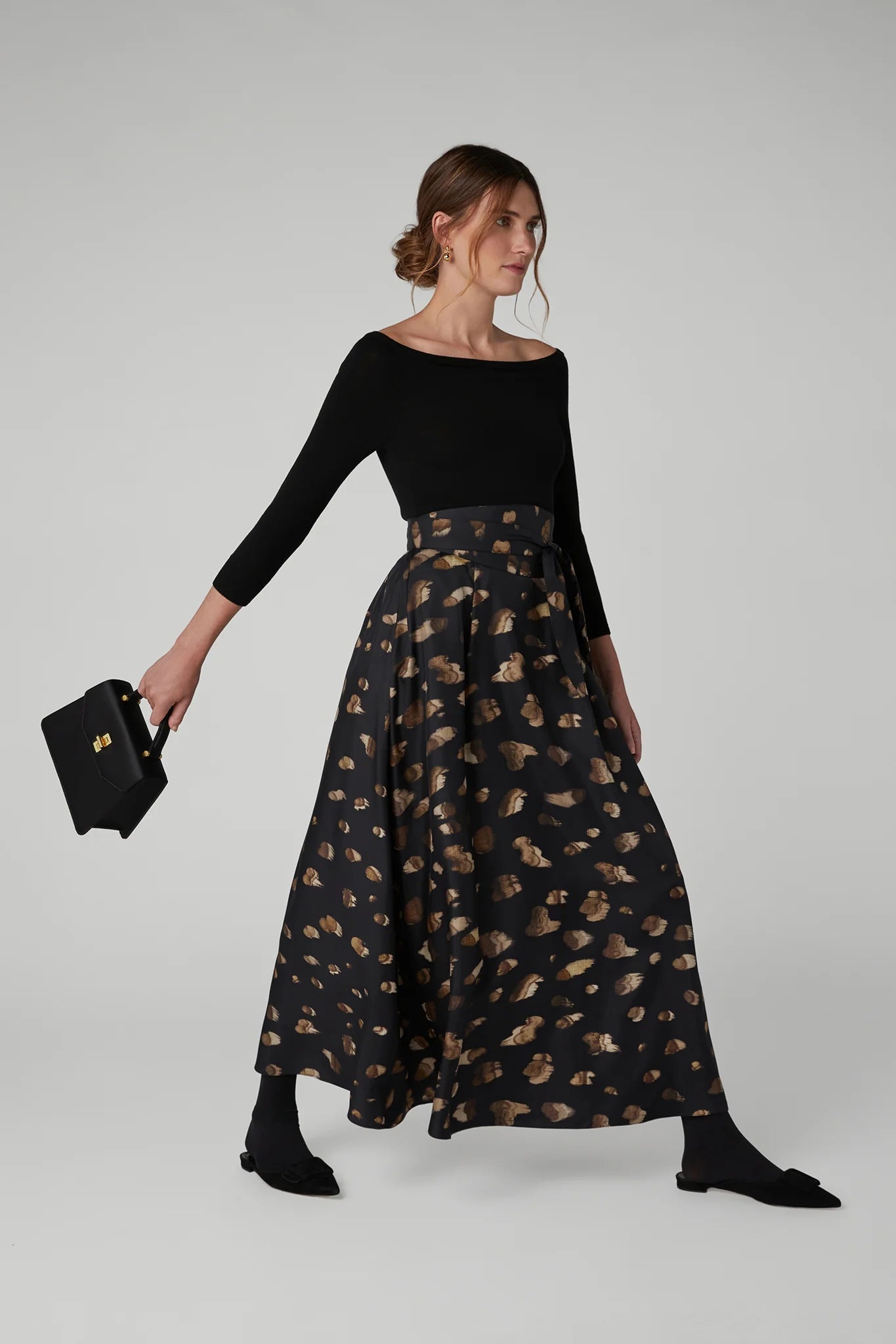 Jasper Conran "Isabella" Silk Twill Printed Maxi Skirt in Brown