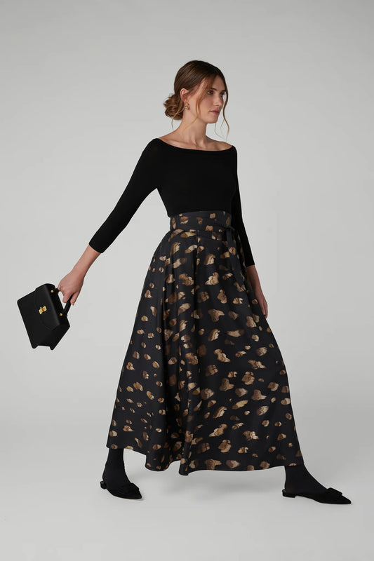 Jasper Conran "Isabella" Silk Twill Printed Maxi Skirt in Brown