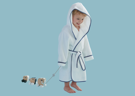 Christy "Mini Hooded" Bath Robe in White & Denim Blue
