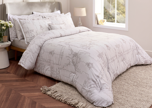 Christy "Ambroise Oyster" Comforter & Sheet Set in Cream / Silver