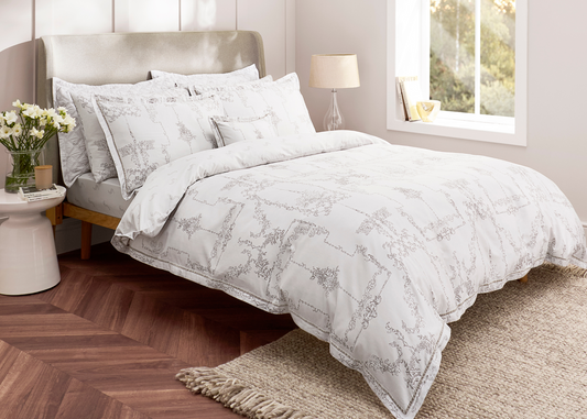 Christy "Ambroise Oyster" Duvet Cover Set in Cream / Silver