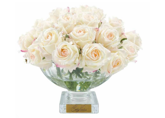 Linen Obsession "Centerpiece Rose Buds" in Glass Vase – 37 Artificial Silk Flowers