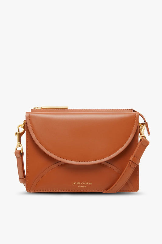 Jasper Conran "Darcey" Leather Double Flap Cross Body Bag in Tan