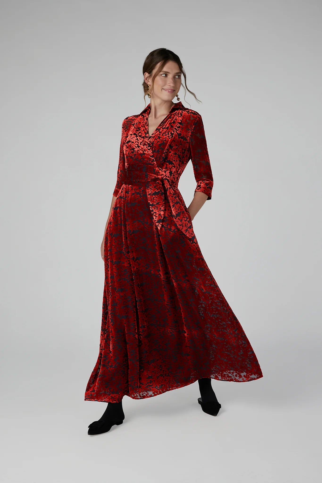Jasper Conran "Iris" Velvet Devoré Wrap Dress in Red