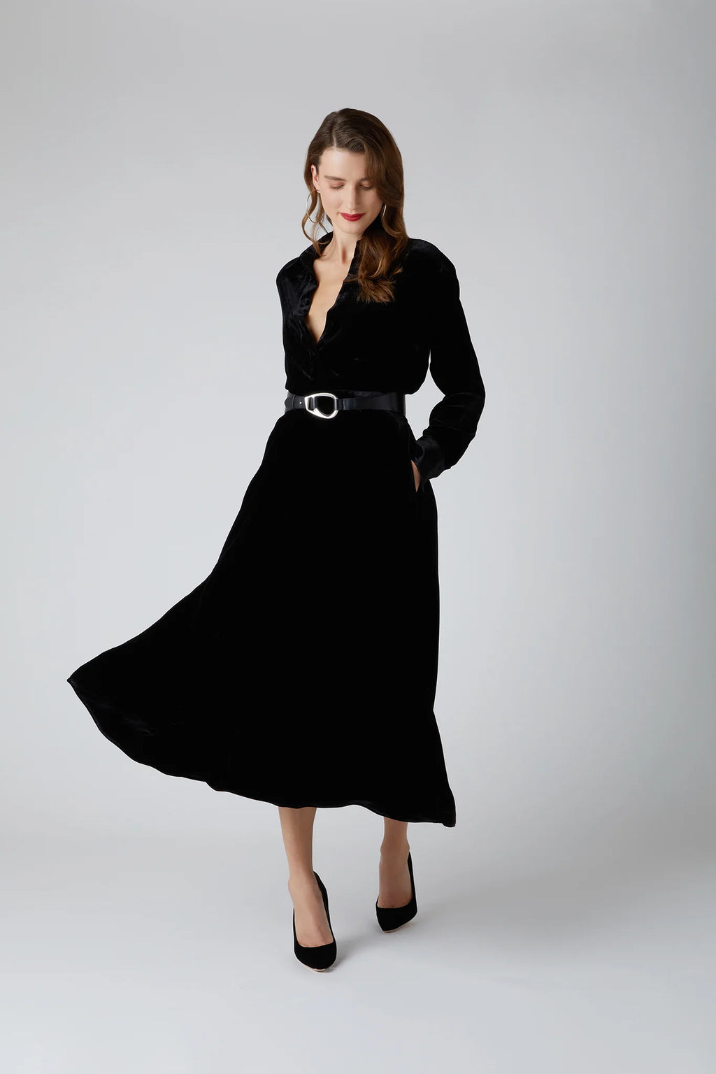 Jasper Conran "Eve" Velvet Full Skirt Shirt Dress in Black