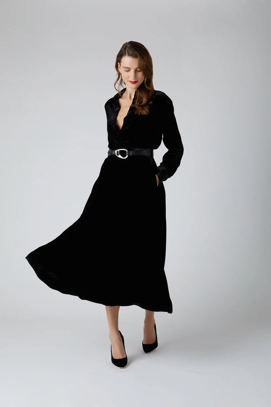 Jasper Conran "Eve" Velvet Full Skirt Shirt Dress in Black