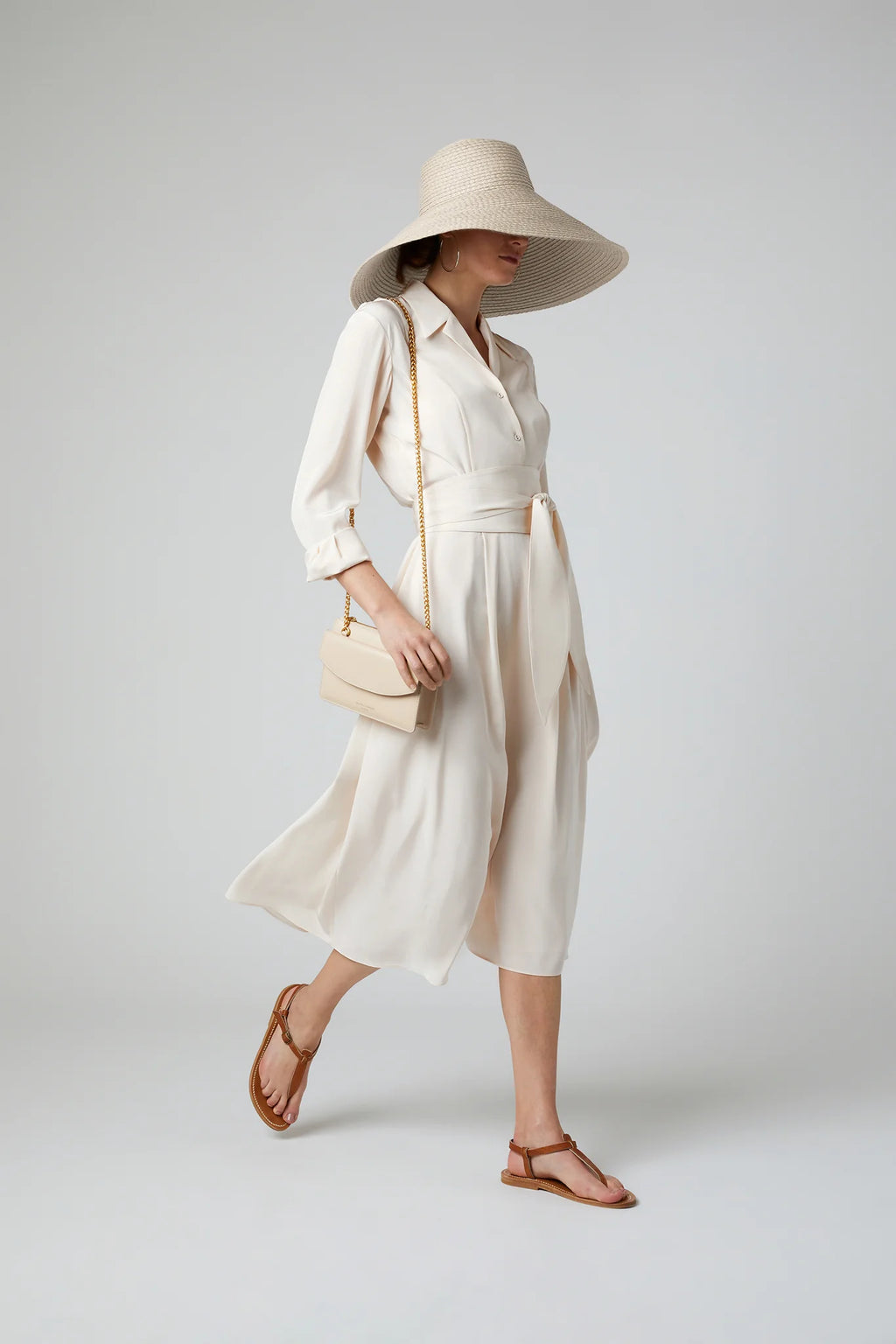 Jasper Conran "Filomena" Silk Full Skirt Shirt Dress in Cream