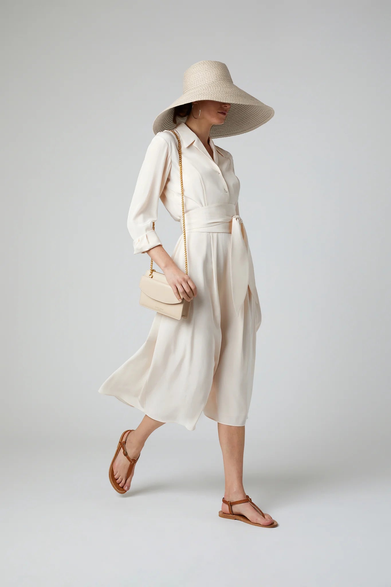 Jasper Conran "Filomena" Silk Full Skirt Shirt Dress in Cream