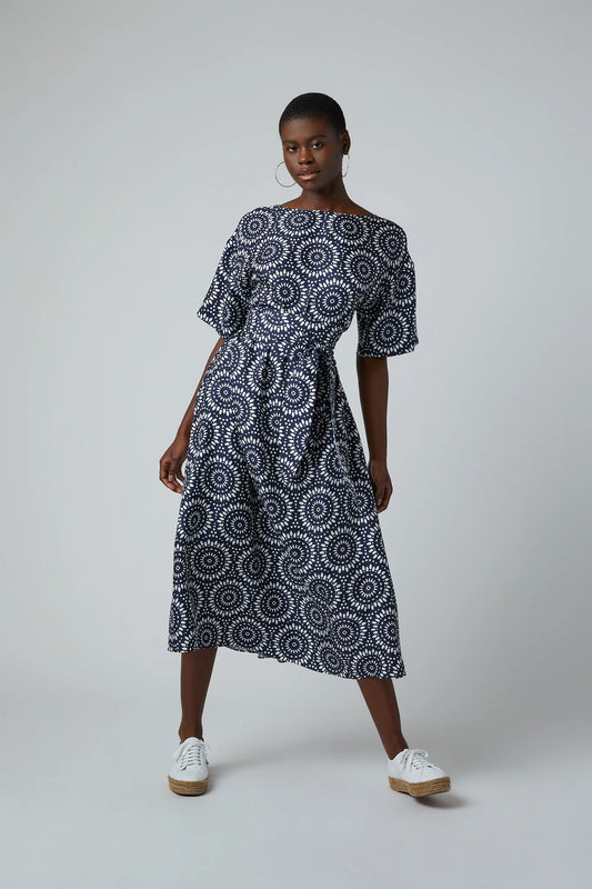Jasper Conran "Flora" A-line Silk Dress in Navy