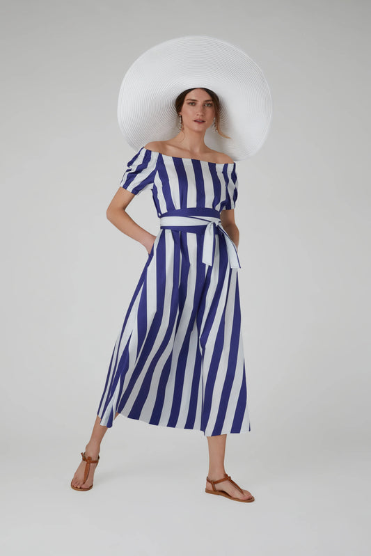 Jasper Conran "Hallie" Bardot A-Line Striped Dress in Blue
