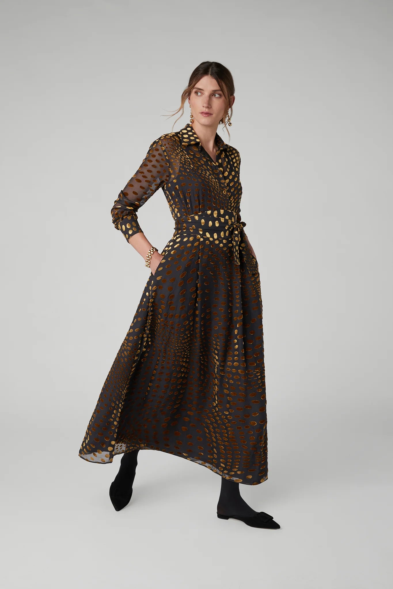 Jasper Conran "Idalia" Velvet Burn Out Maxi Skirt in Gold Spot