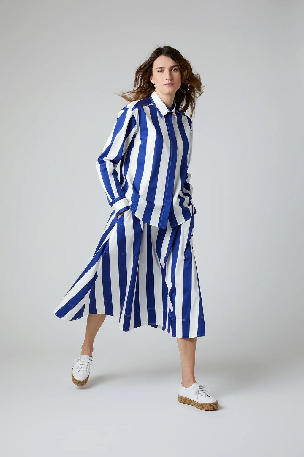 Floretta Striped Button Through Cotton Shirt in Blue