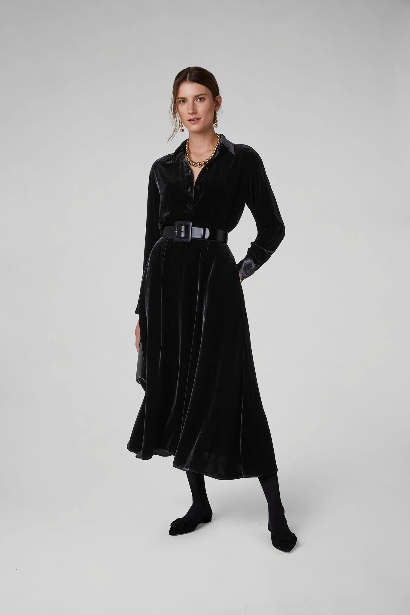 Jasper Conran "Eve" Velvet Full Skirt Shirt Dress in Black