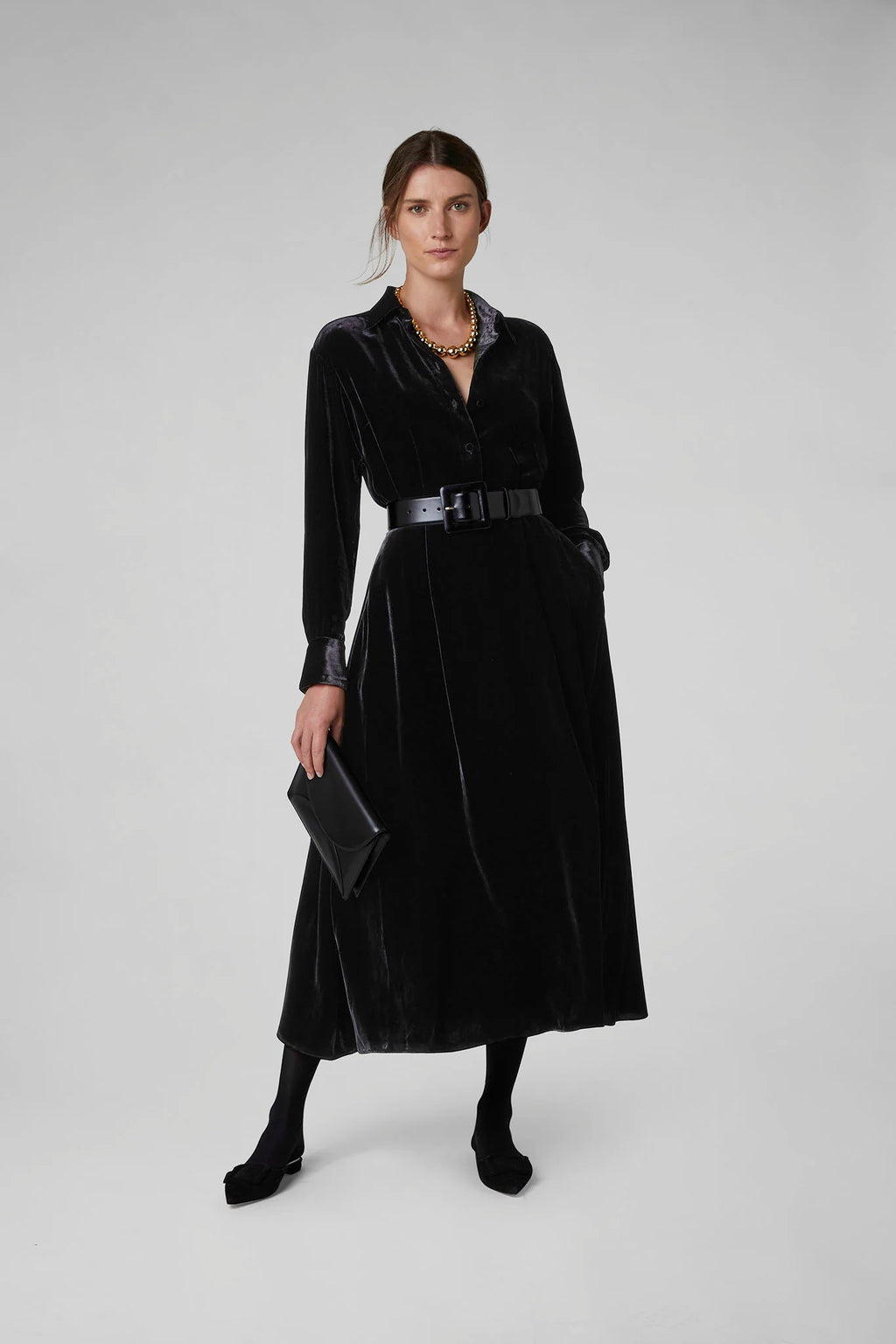 Jasper Conran "Eve" Velvet Full Skirt Shirt Dress in Black