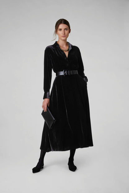Jasper Conran "Eve" Velvet Full Skirt Shirt Dress in Black
