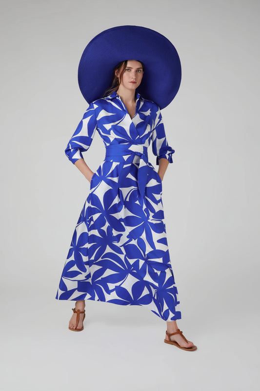 Jasper Conran "Celia" Printed Maxi Silk Wrap Dress Silk Twill in Blue