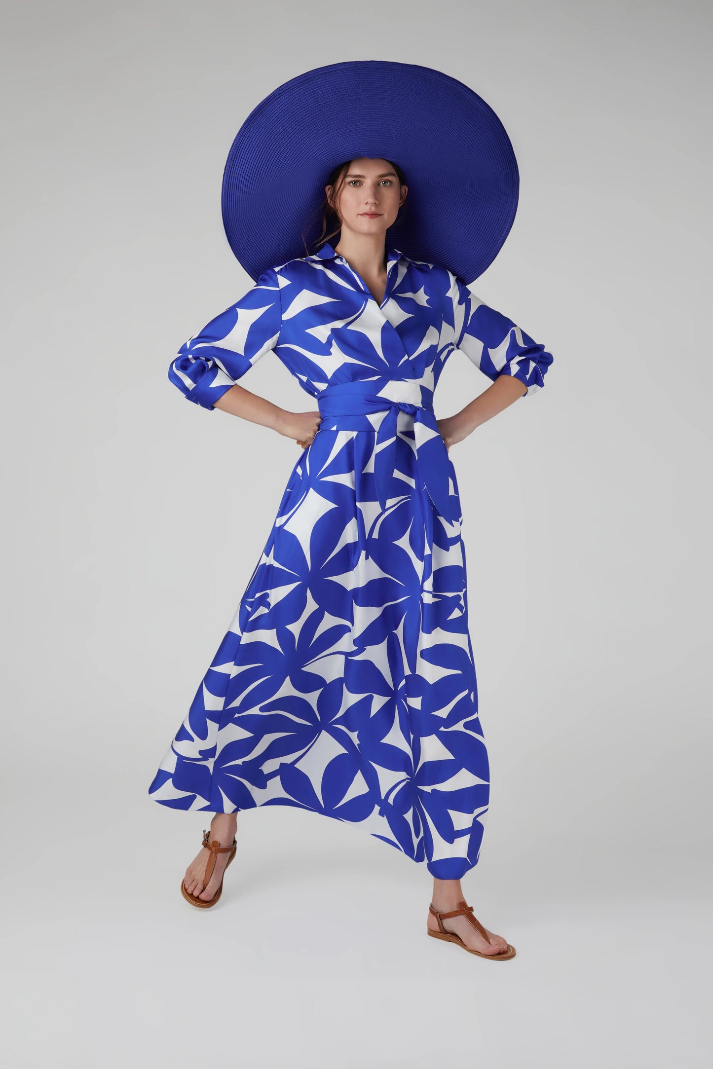 Jasper Conran "Celia" Printed Maxi Silk Wrap Dress Silk Twill in Blue