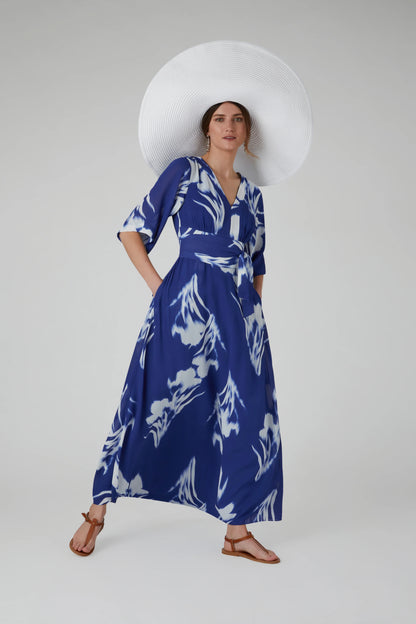 Jasper Conran "Hilary" V Neck Printed Georgette Maxi Dress in Blue
