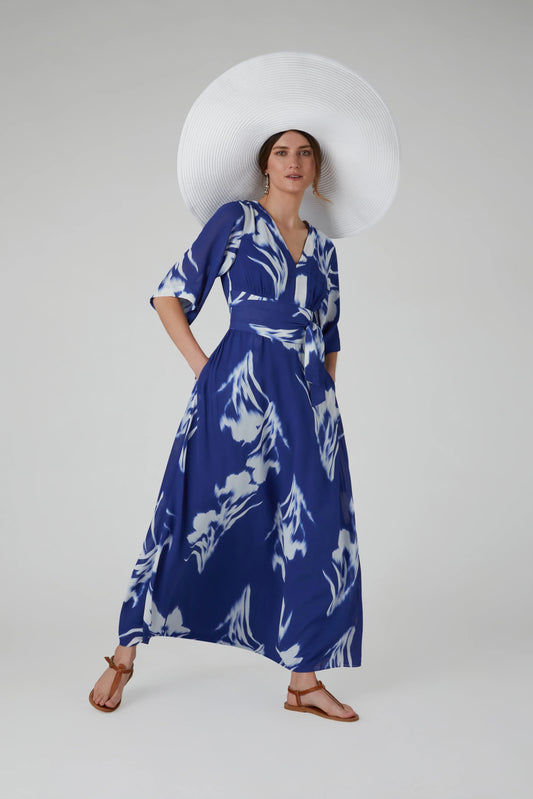 Jasper Conran "Hilary" V Neck Printed Georgette Maxi Dress in Blue