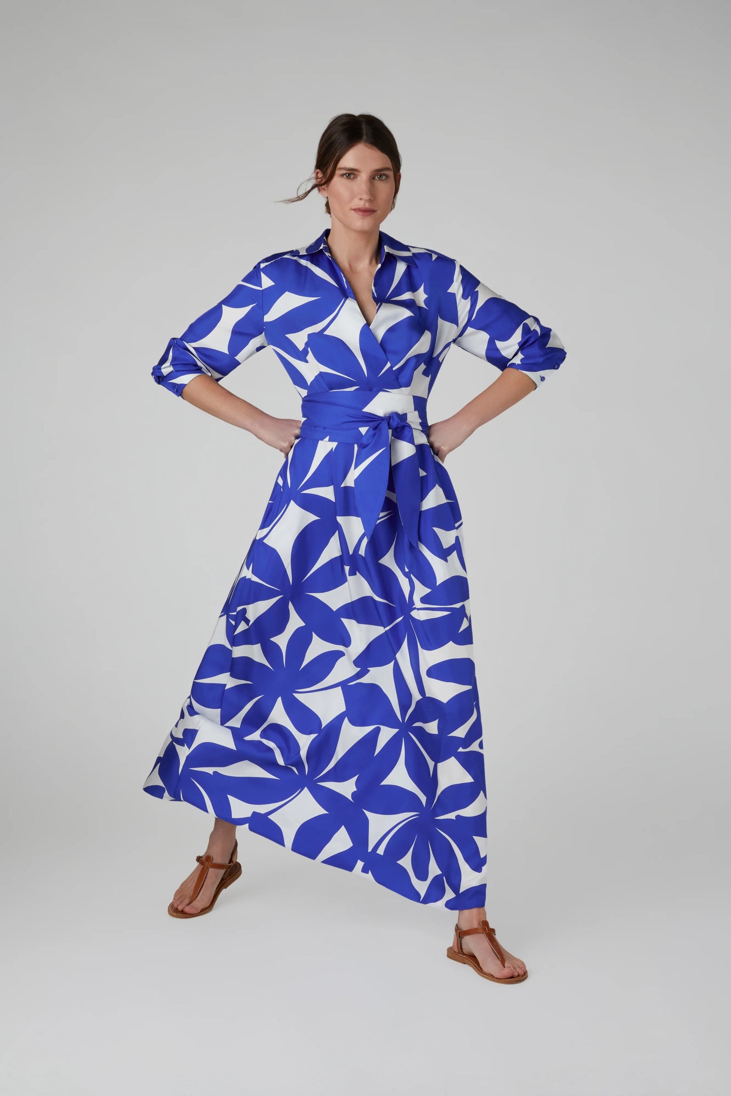 Jasper Conran "Celia" Printed Maxi Silk Wrap Dress Silk Twill in Blue