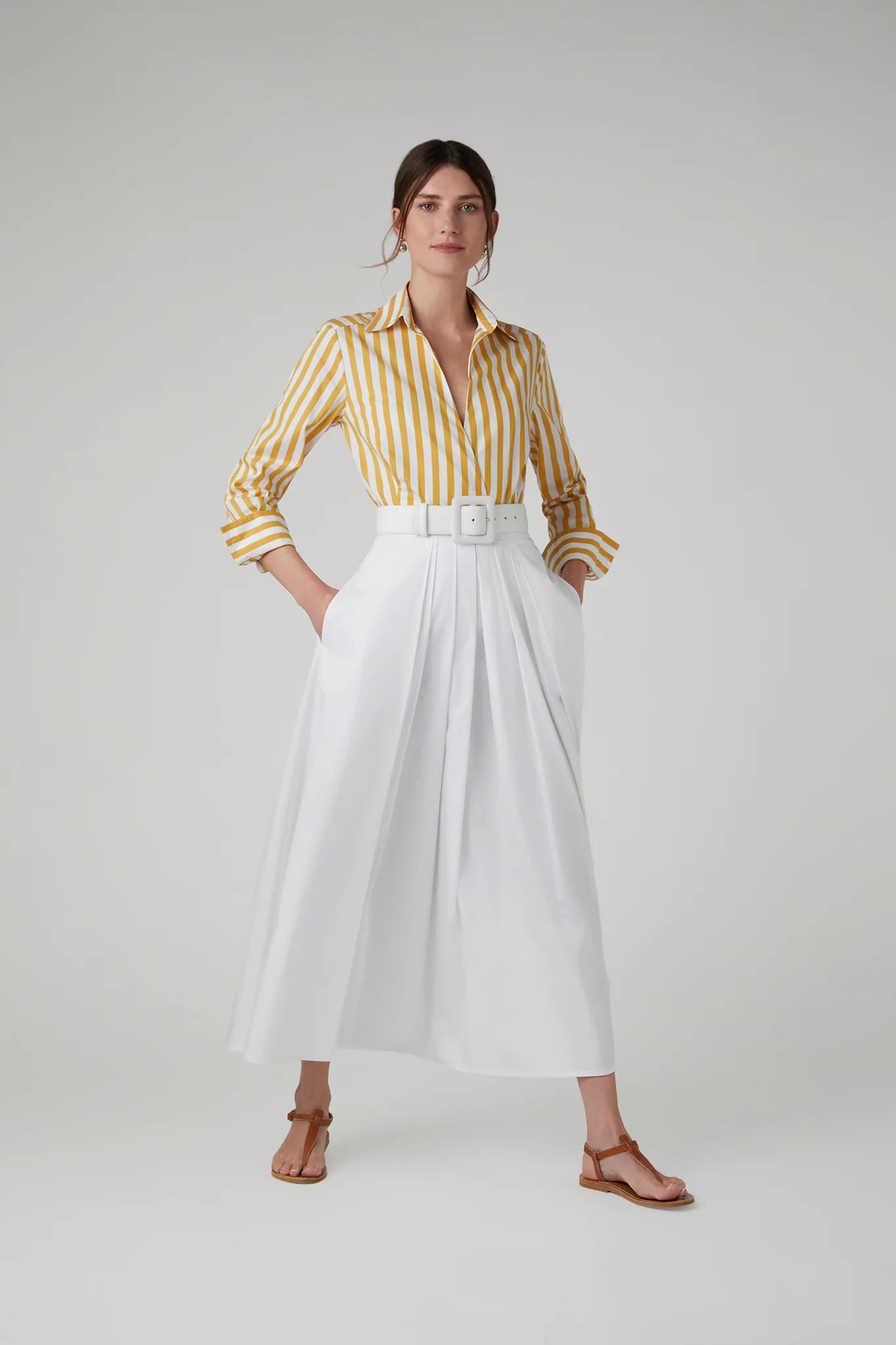Jasper Conran "Holly" Stripe Wrap with Button Shirt in Gold