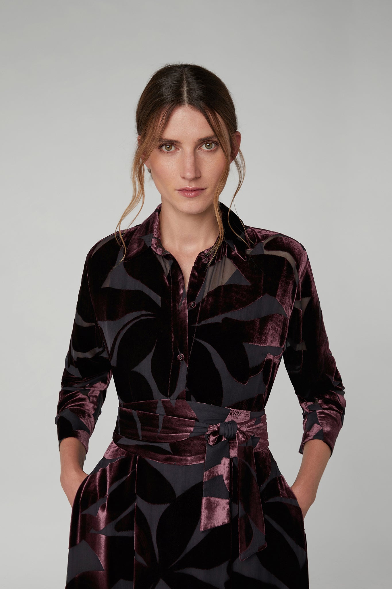 Idalia Velvet Burn Out Shirt in Berry Floral